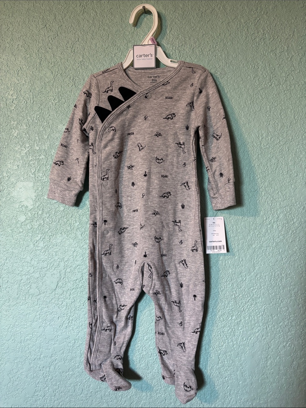 Carter's Baby Gray Dino Accent Zip-Up Footed One-Piece 9 mos NWT